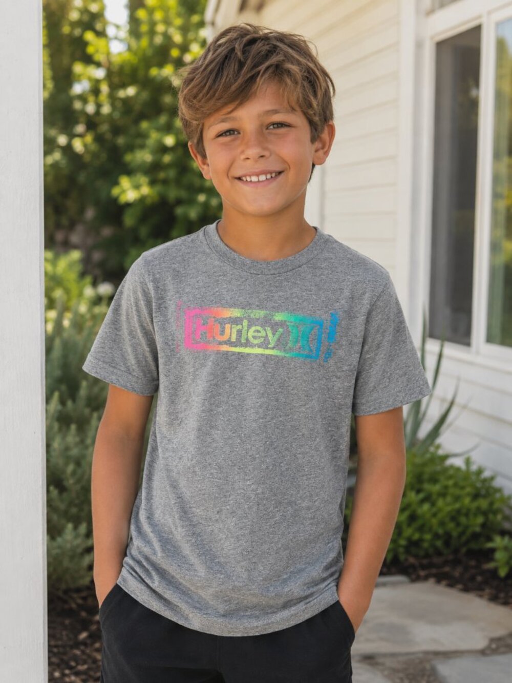 HURLEY Gray Graphic Tee M 10 12 Boys Girls Rainbow Spray Paint Grafitti RARE